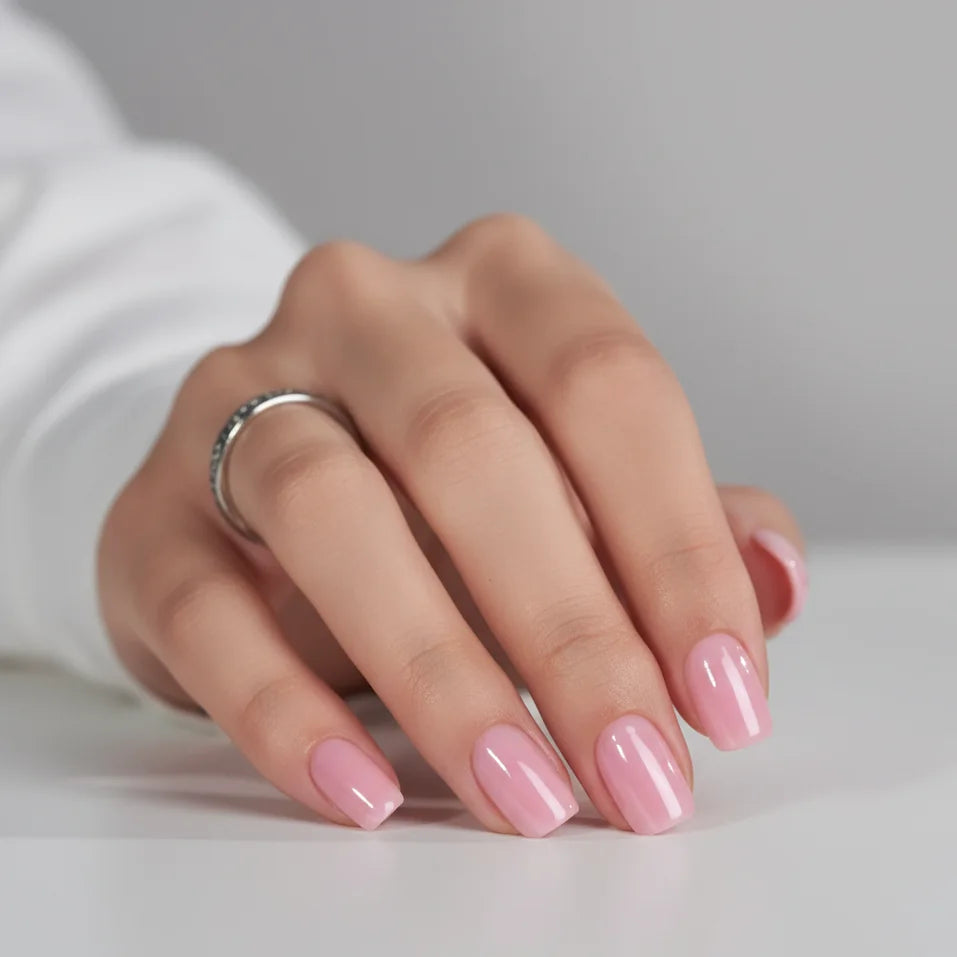 Pinkie Pearl korte square-løsnegler – lys rosa glød mot hvit bluse og grå bakgrunn
