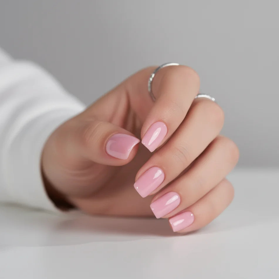Pinkie Pearl press-on negler nærbilde – blank rosa pearl-base og sølvring i diamant