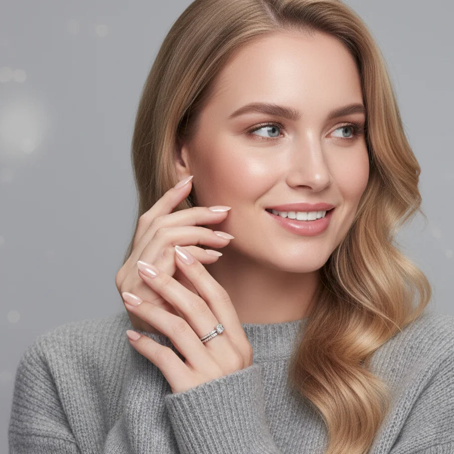 Heavenly Halo lifestyle – myk nude pearl manikyr i mandelform mot grå strikket genser