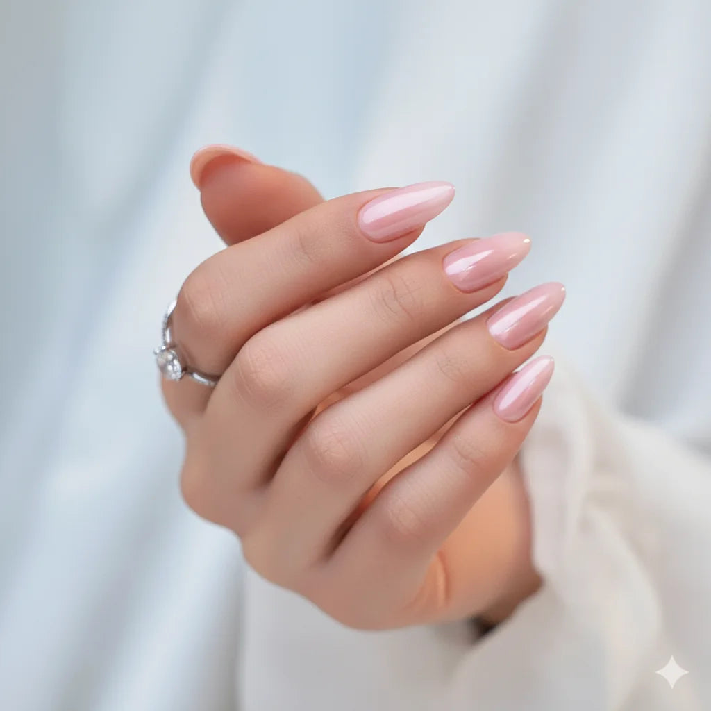 Pinkie Pearl mandelformete løsnegler – rosa pearl shimmer mot lys sateng