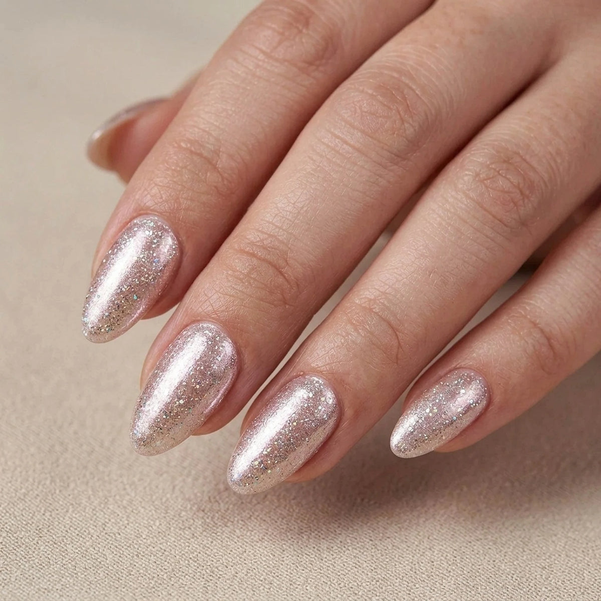 Candy Chrome press-on negler i mandelform, rosa champagne perl-chrome