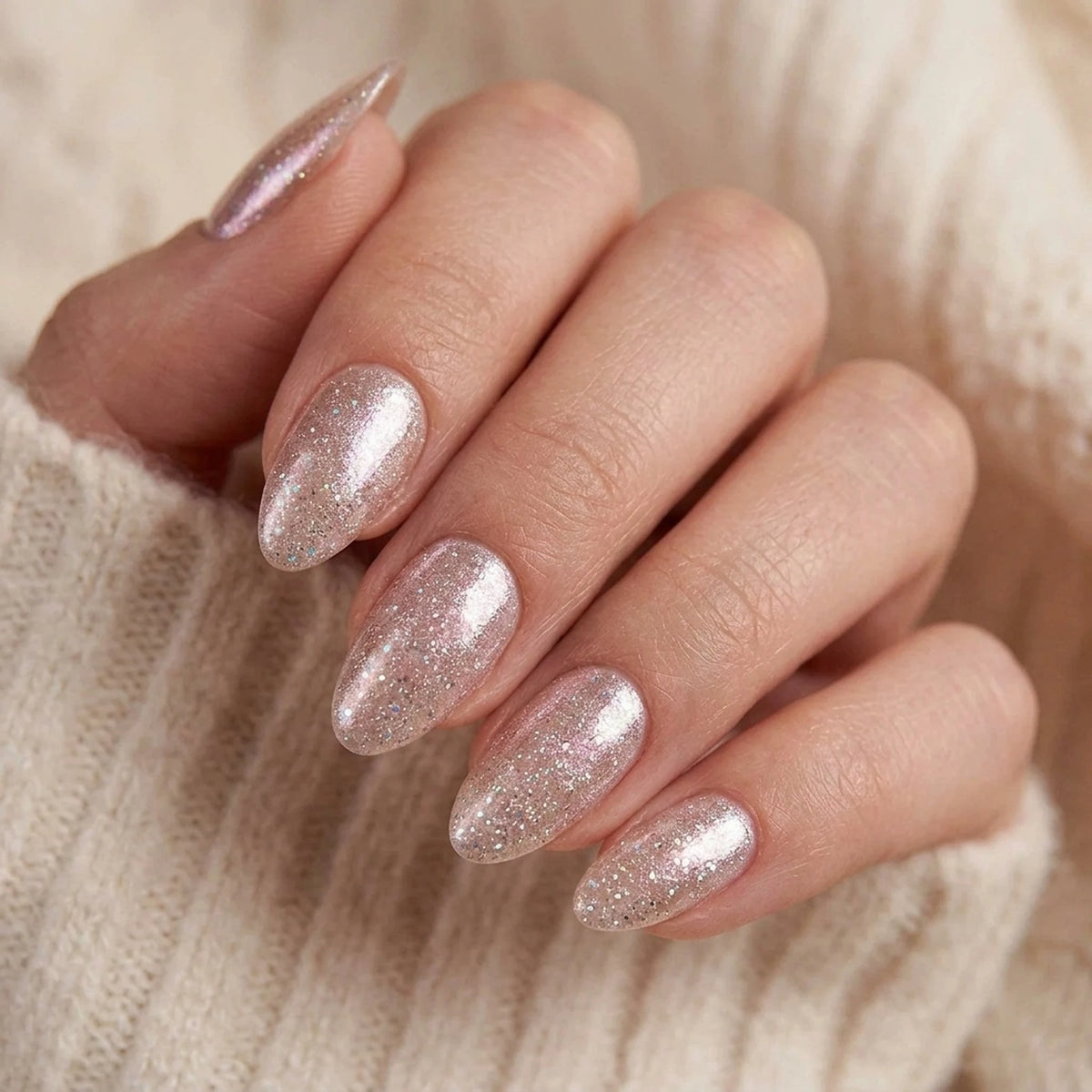 Candy Chrome press-on negler i mandelform, rosa champagne perl-chrome