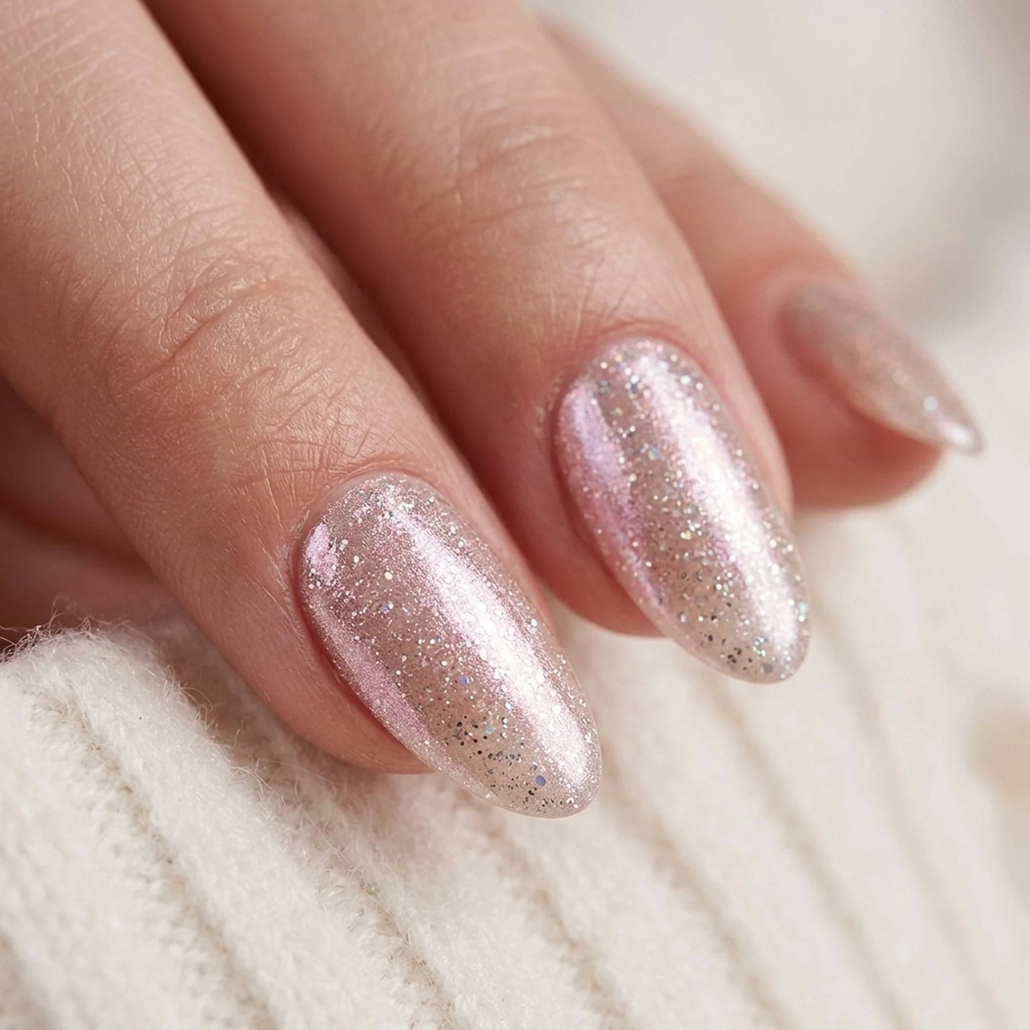 Candy Chrome press-on negler i mandelform med rosa chrome-shimmer
