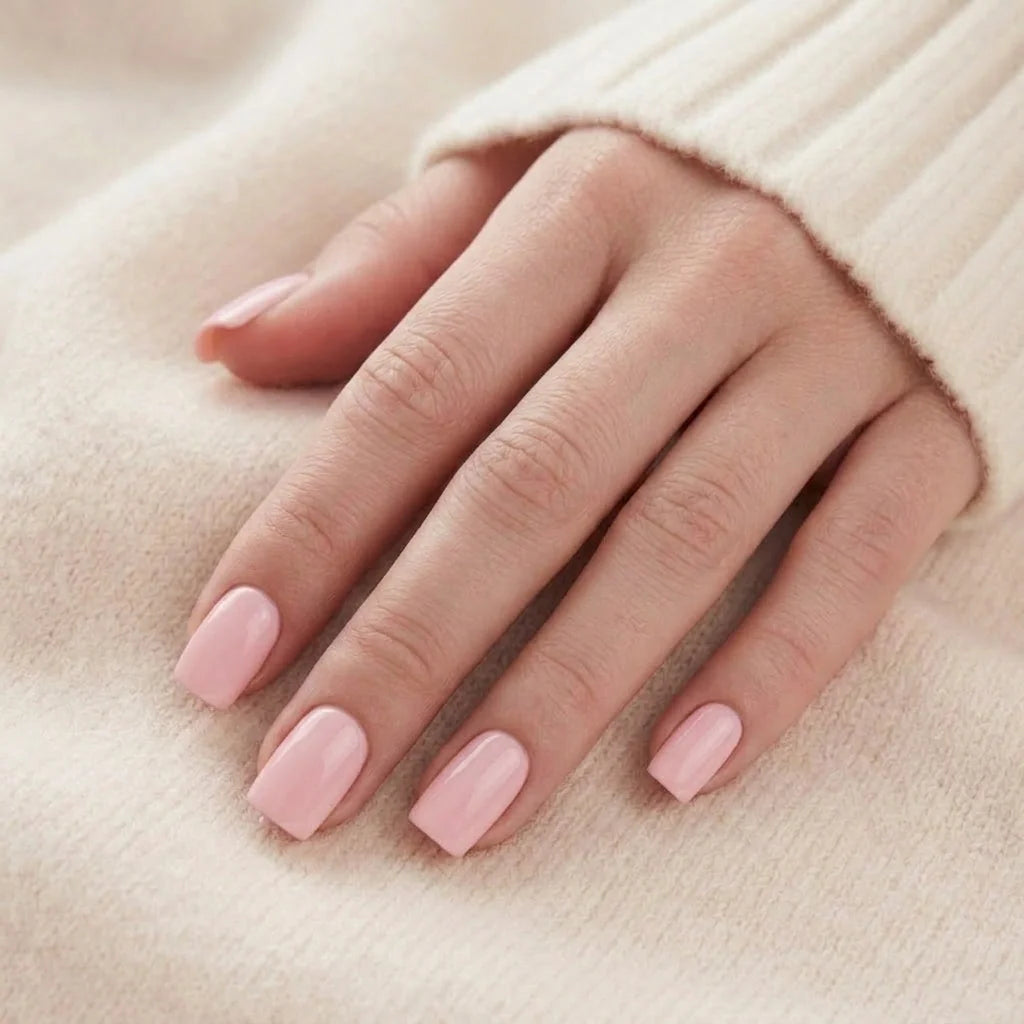 Pinkie Pearl negler på hånd – pearl-rosa korte square-negler mot beige strikket genser