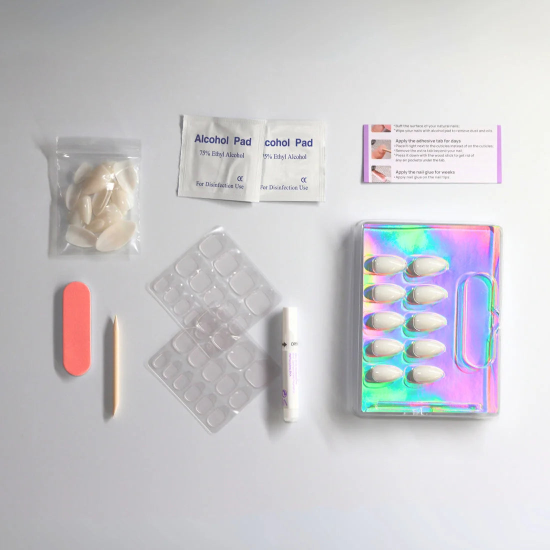 Satin Snow neglekit – 30 størrelser, XGlue, lim-tabs, alkoholservietter og neglefil inkludert
