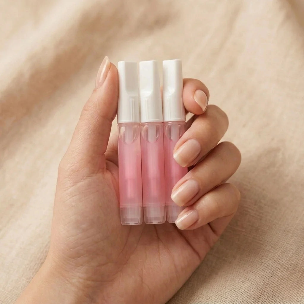 Glow Glue rosa flytende neglelim i hånden – tre tuber pensellim for press-on negler