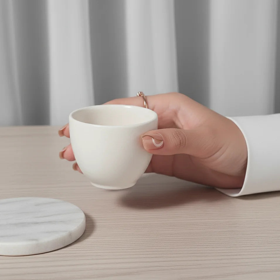Hånd med Summer Swirl square gelenegler holder kopp – nude swirl press-on negler lifestyle