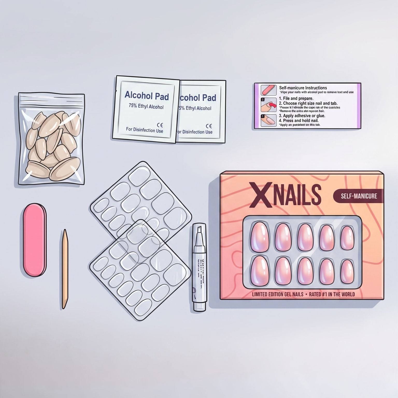 Illustrasjon av XNails selvmanikyr-kit med fil, prep-pads, lim og negler