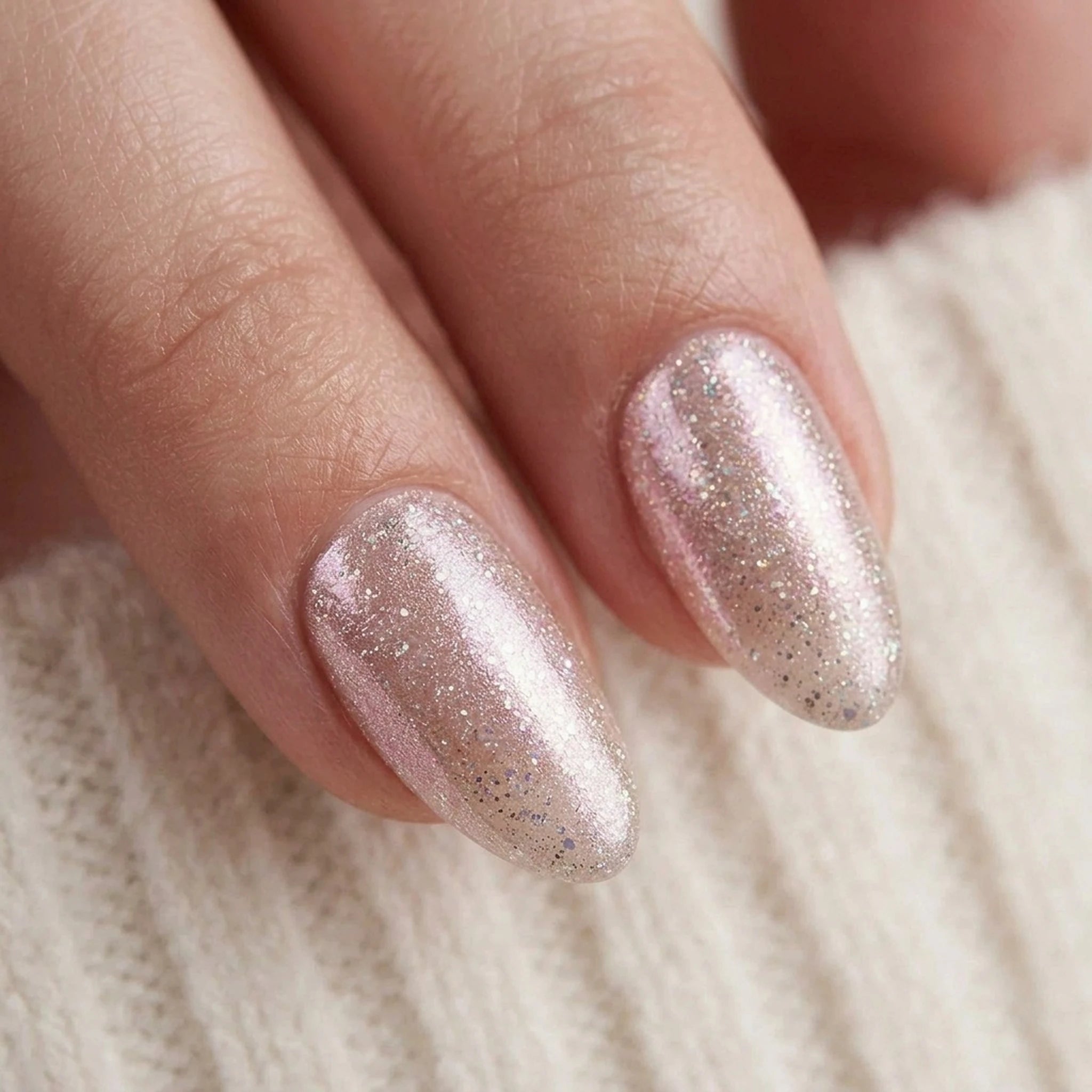 Candy Chrome press-on negler i mandelform, rosa champagne perl-chrome