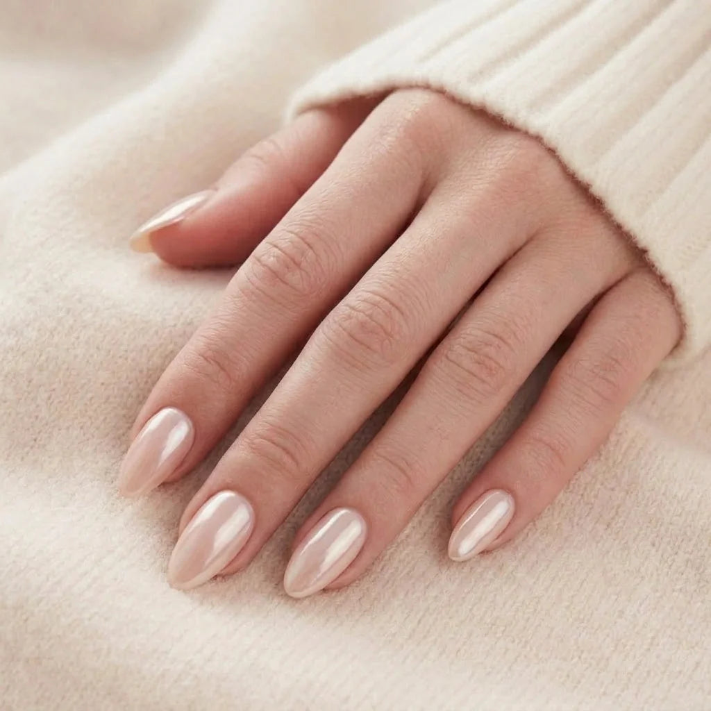 Heavenly Halo negler på hånd – nude pearl glow i mandelform mot beige strikket genser