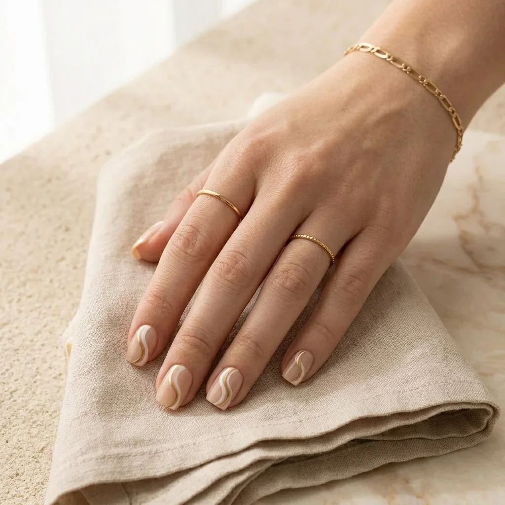 Korte, avrundede press-on negler i beige med hvite og gyldne bølgete linjer. Hånd med gullringer og armbånd.