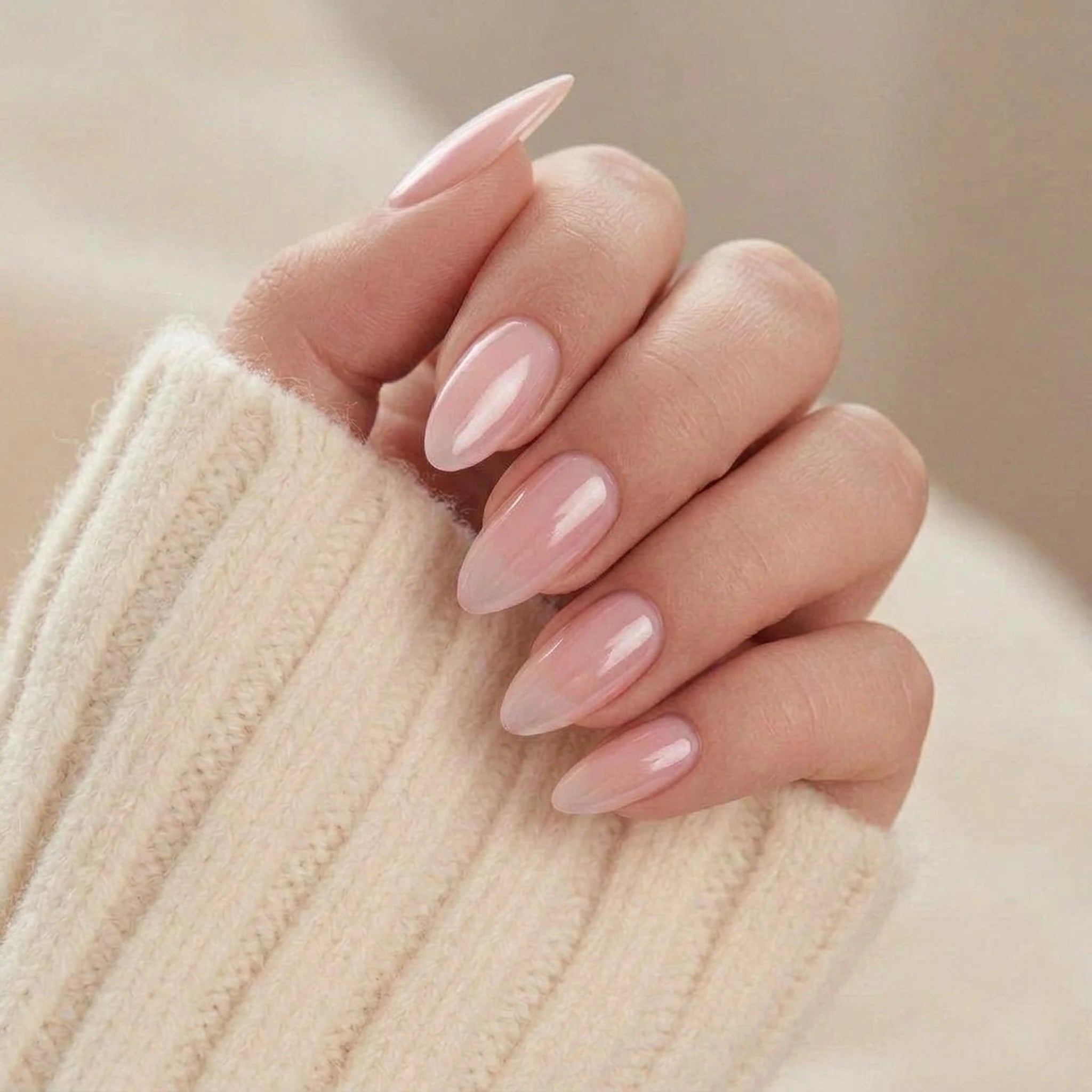 Pinkie Pearl press-on negler i lang mandelform, rosa perlemor