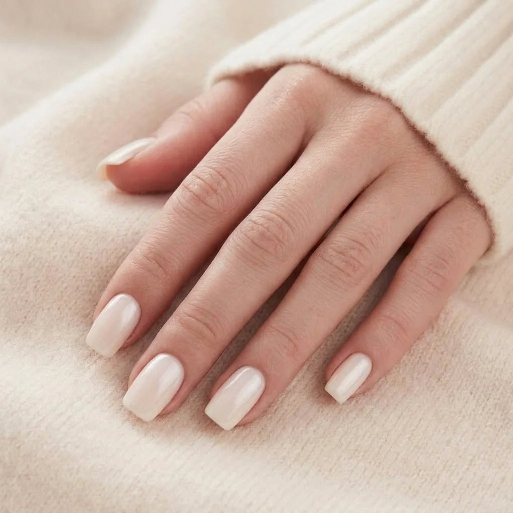 Pure Pearl negler på hånd – kort square nude pearl mot beige strikket stoff